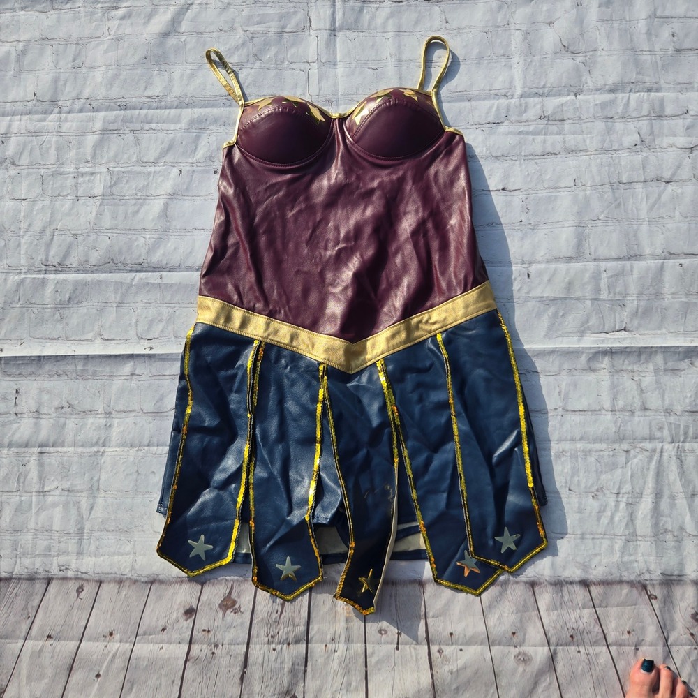 Wonder Woman Costume Dress Faux Leather Superhero Cosplay Burgundy Blue Gold